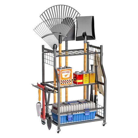 Garden Tool Organizer And Storage Stand With Lockable Wheels For Garage Shed Indoor Outdoor Use Multi Slot Shelves And Hooks For Rake Shovel Broom Heavy Duty Steel Yard Tool Holder with gardening tools.