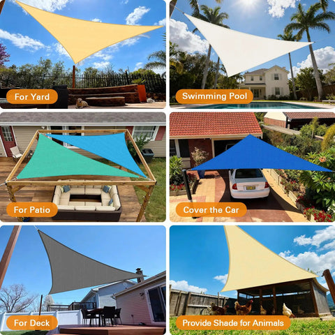 Sand Triangle Sun Shade Sail 10x13x16.4 Feet With Curved Edges, Heavy Duty 185GSM HDPE UV Blocking Outdoor Shade Cloth installed in various outdoor settings