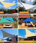 Sun Shade Sail Triangle 16x16x22.6 Ft Sand Color With Curved Edges 185GSM HDPE Shade Cloth Built For Outdoor Use Provides Up To 95 Percent UV Block Breathable Wind Resistant Backyard Deck Patio Shade Commercial Grade Custom Sizes Available, various installations including yard, pool, patio, car, deck, and animal shade.