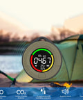 4 In 1 Portable CO And CO2 Detector With Temperature And Humidity Sensor near a tent, showing display readings.