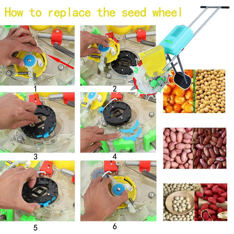 Steps to replace seed wheel on All In One Garden Seeder With Ten Seed Plates, No Bend Push Spreader For Corn Soybean and Sorghum
