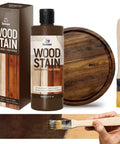 Killer Performance Water Based Walnut Wood Stain For Furniture Cabinets And Woodwork, 100ml bottle shown with brush and stained wood.