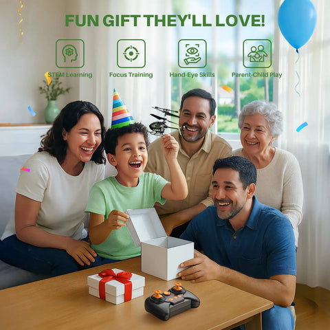 Family celebrating with Palm Sized Mini RC Helicopter with Gyro Stabilizer and Altitude Hold for Indoor Flight, gift box visible
