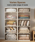 Extra Large White Plastic Collapsible Storage Bins With Tight Lids Five Tier Modular Drawer Cabinet filled with blankets and pillows.