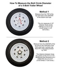 Diagram showing how to measure bolt circle diameter of a 5-bolt trailer wheel with rim size details.