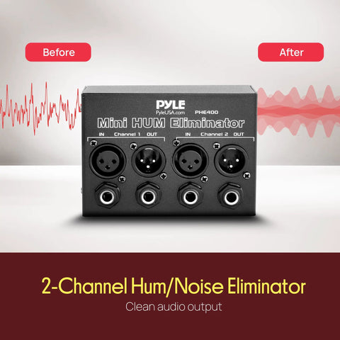 Compact Mini Hum Eliminator Box for Audio Gear, 2 Channel Passive Ground Loop Isolator, front view with XLR inputs outputs.
