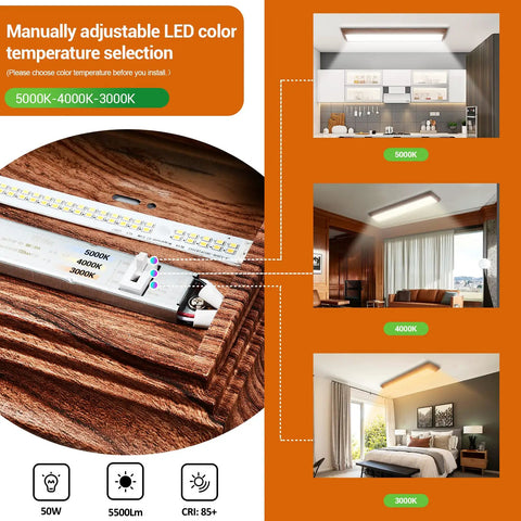 2Ft LED Light Fixture With 3 Color Temperature Adjustable 3000K 4000K 5000K No Fuss 30W 3300LM details and room examples