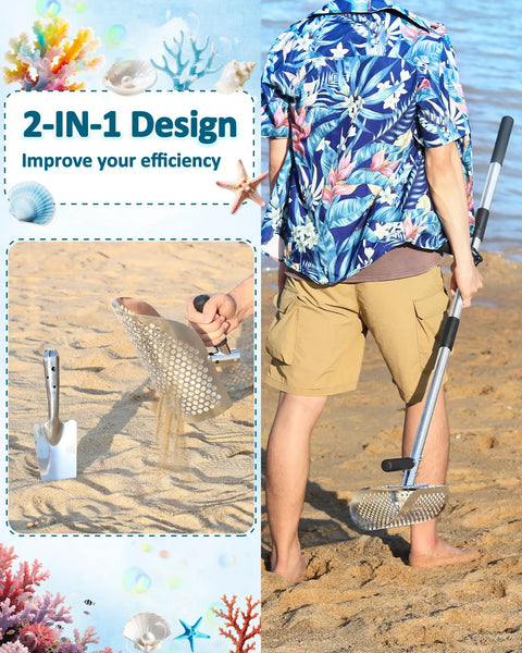 Man holding Two In One Sand Scoop For Metal Detecting With Long Detachable Handle Stainless Steel Beach Shovel And Sifter