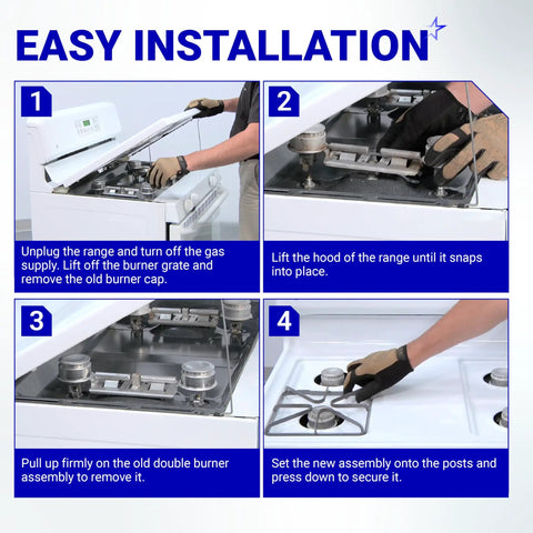Installation steps for Double Burner Assembly Replacement Pack Of 2 For GE Kenmore Hotpoint Ranges WB16K10026 WB29K17.