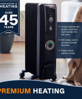 Oil Filled Radiator Space Heater 1500W With ComfortTemp Auto Thermostat beside a sofa in a modern living room