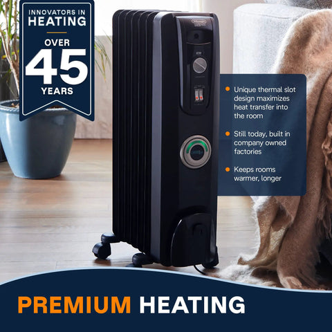 Oil Filled Radiator Space Heater 1500W With ComfortTemp Auto Thermostat beside a sofa in a modern living room