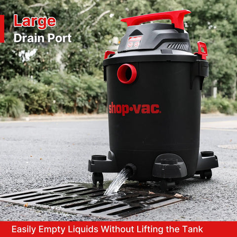 Heavy Duty 10 Gallon Wet Dry Vacuum With 4.5 Peak HP Motor And Three In One Cleaning, shown draining liquid outdoors