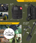 Go To 200 In 1 Survival Kit with tactical bag and folding shovel, displaying dimensions and features for outdoor use.