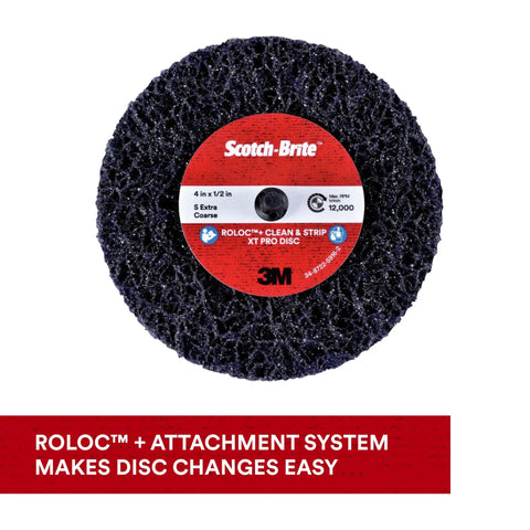 Extra Coarse Metal Rust And Paint Stripping Disc For Roloc Plus Attachment, 4 Inch By One Half Inch, displayed with Roloc compatibility.