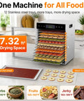 Flex Your Home Chef Skills With This Sick Twelve Tray Food Dehydrator That Lets You Bulk Up On Homemade Beef Jerky Dried Fruits Fresh Herbs And Crunchy Dog Chews Without The Hassle, showing 12 stainless steel trays filled with fresh fruits.