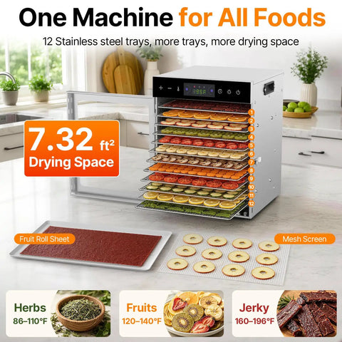 Flex Your Home Chef Skills With This Sick Twelve Tray Food Dehydrator That Lets You Bulk Up On Homemade Beef Jerky Dried Fruits Fresh Herbs And Crunchy Dog Chews Without The Hassle, showing 12 stainless steel trays filled with fresh fruits.