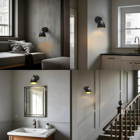 Industrial Hardwire Wall Sconce with Old School Farmhouse Vibe, Rustic Metal Lampshade, Black Finish in bedroom, kitchen, bathroom.