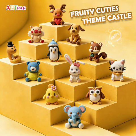 Air Dry Clay Kit For Kids With 12 Animal Sculpting Molds And 4 Vibrant Colors, figurines on yellow stairs setup.