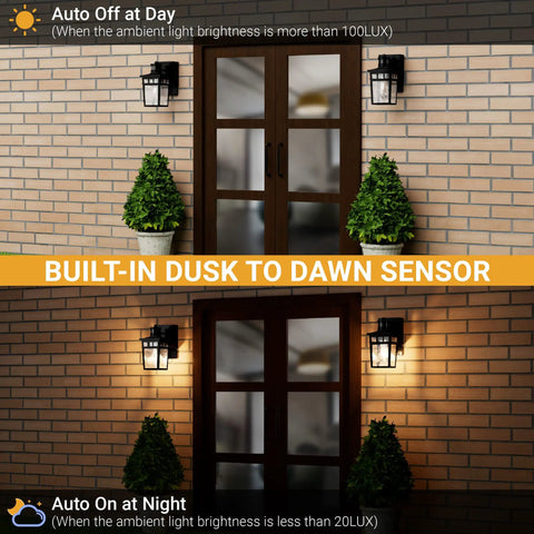 Outdoor Porch Light With Built In GFCI Outlets Dusk To Dawn Motion Sensor Exterior Light Fixture showing auto on and off modes