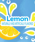Illustration of a lemon wedge with splashes, text reads 'Lemon Naturally and Artificially Flavored' on a blue background.