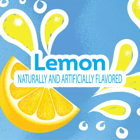 Illustration of a lemon wedge with splashes, text reads 'Lemon Naturally and Artificially Flavored' on a blue background.