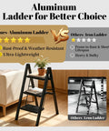 3 Step Aluminum Folding Ladder With Wide Anti Slip Pedals, Lightweight Portable Step Stool For Home, Garage, And Workshop, rubber feet
