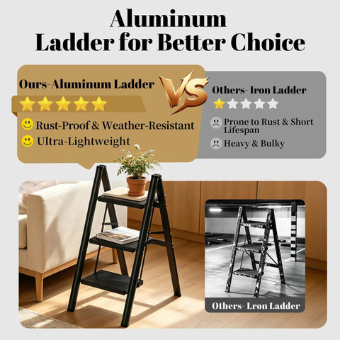3 Step Aluminum Folding Ladder With Wide Anti Slip Pedals, Lightweight Portable Step Stool For Home, Garage, And Workshop, rubber feet