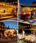 25Ft Solar String Lights Outdoor With Remote And Timer, Waterproof G40 LED Bulbs illuminating various outdoor settings