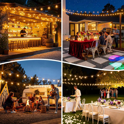 25Ft Solar String Lights Outdoor With Remote And Timer, Waterproof G40 LED Bulbs illuminating various outdoor settings