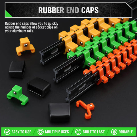 Rubber end caps and colored rails for Pro Grade Socket Clip Rail Organizer Kit 6 Piece Set, Heavy Duty ABS Holder on display.
