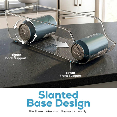 Clear stackable soda can organizer and dispenser for fridge and pantry with slanted base design, holding 12 oz cans.
