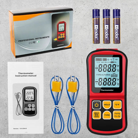 Dual Channel Digital Thermometer With Two K Type Thermocouple Probes Backlit LCD Display Great For DIY Temp Nerds package contents