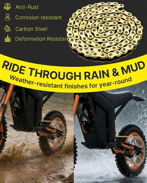 Gold Dirt Bike Chain for Tuttio Soleil 01 showing anti-rust carbon steel, precision 420 size for durability in mud.