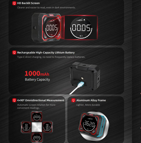 Pro Grade Laser Inclinometer And Digital Angle Meter For Absolute And Relative Readings Magnetic Inclinometer With LED Backlit Rotatable Screen 4x90 Degree Measurement Multi Unit Support MM Per Meter And Inches Per Foot Rechargeable 1000mAh Battery, backlit display
