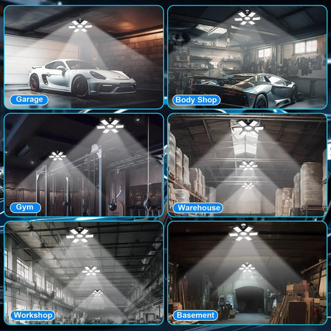 6 views of 4 Pack Ultra Bright LED Garage Lights 28,000 Lumens With 6 Plus 1 Deformable Panels for various large spaces