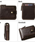 Full Grain Vintage Leather RFID Blocking Bifold Wallet For Men With Three Sided Zipper Flap ID Window Zip Coin Pocket And Large Card Capacity For Travel And Everyday Carry On The Go, showing front, back, side, and overlook views