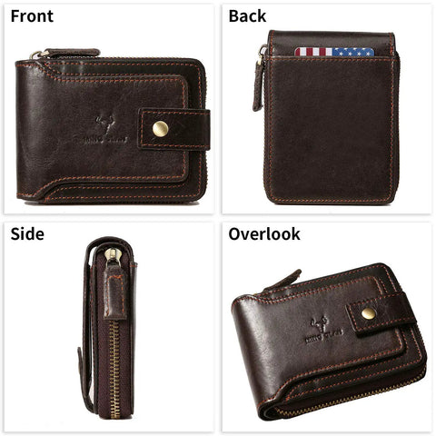 Full Grain Vintage Leather RFID Blocking Bifold Wallet For Men With Three Sided Zipper Flap ID Window Zip Coin Pocket And Large Card Capacity For Travel And Everyday Carry On The Go, showing front, back, side, and overlook views