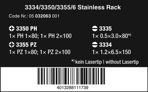 Label showing specifications for 6-Piece Stainless Steel Screwdriver Set With Slotted, Phillips, and Pozidriv Bits, including sizes.