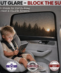 Kid Friendly Car Window Shades For Baby And Pets, Breathable Full Coverage Mesh, child in car seat using tablet next to window shade