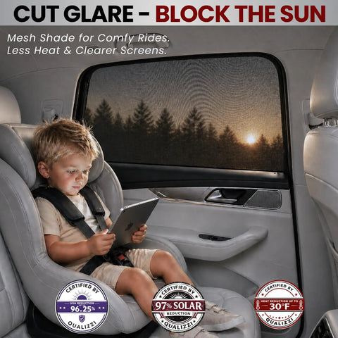 Kid Friendly Car Window Shades For Baby And Pets, Breathable Full Coverage Mesh, child in car seat using tablet next to window shade