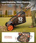 Heavy Duty Push Lawn Sweeper With 30 Inch Wide Broom And 12 Cubic Foot Hopper Bag gathering leaves in a 12 cu ft bag with easy release feature.