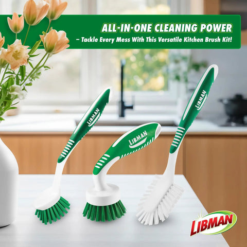Ultimate Scrub Brush Kit Three Piece All Purpose Cleaning Set For Kitchen Sinks Basins And Dishes With Tough Nylon And Polymer Bristles And Easy Grip Handles For Quick Deep Cleaning