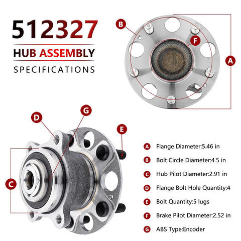 Two Pack Premium Quality Rear Wheel Bearing Hub Assembly Replacement Fits Acura TSX 2004 2005 2006 2007 2008 And Honda Accord 2005 2006 2007 Direct Fit Wheel Hub Bearing Set with specifications diagram including dimensions and ABS type encoder
