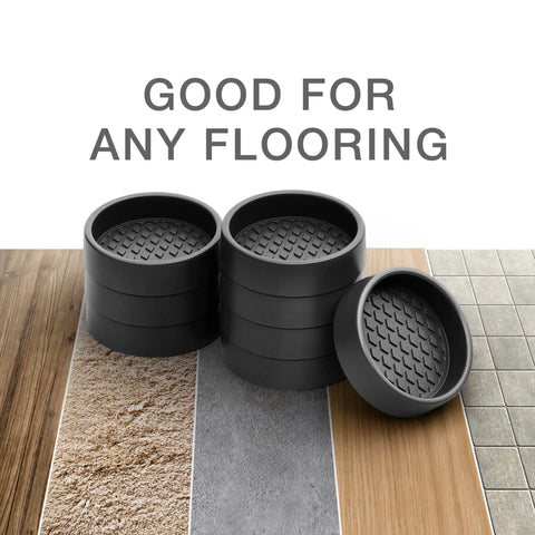 2-Inch Caster Cup Set, 8-Pack Round Furniture Coasters, Non Skid Rubber Pads For Tables, Beds And Furniture, shown on various floors