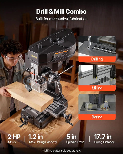 Smooth Running Benchtop Mill Drill Press With Kickass 2 HP Motor And 15.875 Inch Swing Range 150 To 2560 RPM Adjustable Speed, wood drilling.