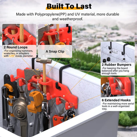 Bucket Truck Hook Organizer And Lineman Tool Board With Six Extended Hooks And Two Rounded Loops, Patented Design