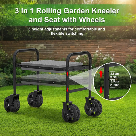 Three In One Rollin Garden Stool With 360 Degree Wheels Foldable Kneeler And Seat Extendable Legs on grass