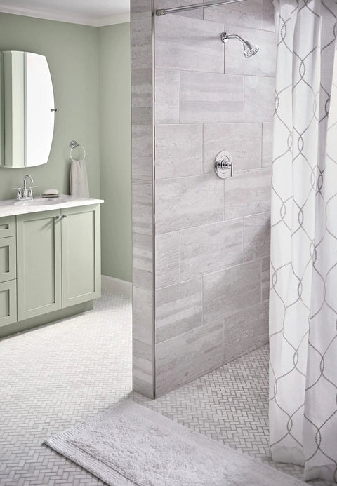 Bathroom with Gibson Two Handle Centerset High Arc Modern Bathroom Faucet with Drain Assembly Chrome Finish shown on vanity