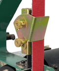 Knife Sharpening Angle Guide For 1x30 Belt Sanders, zinc-coated, attached to sander with red belt, corrosion-resistant design.
