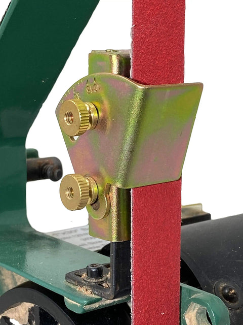 Knife Sharpening Angle Guide For 1x30 Belt Sanders, zinc-coated, attached to sander with red belt, corrosion-resistant design.